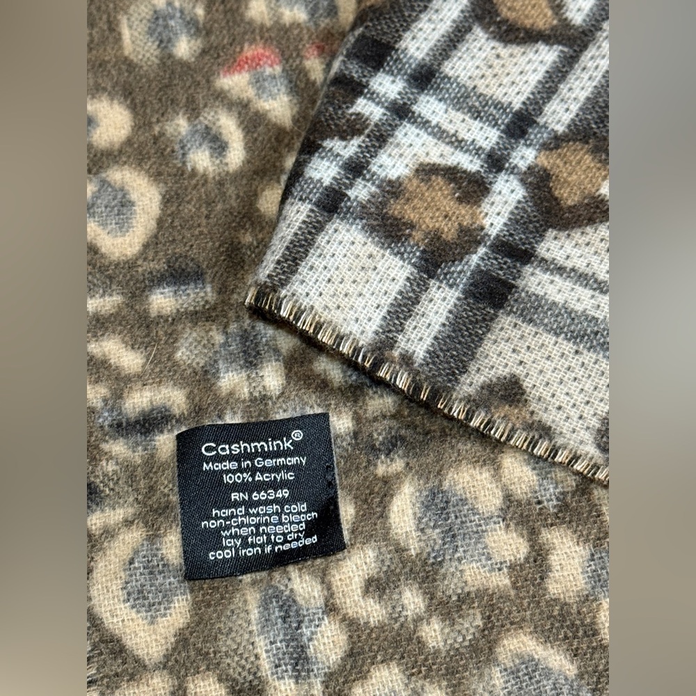 Cashmink Plaid and Cheetah Print Scarf in cream, brown, grey and red - Picture 2 of 9